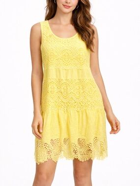Ali Ro Yellow Lace Dress Floral Scalloped Hem Sleeveless Size 10